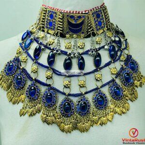 Blue Choker Necklace, Handmade Afghan Tribal Choker Necklace, Statement Boho